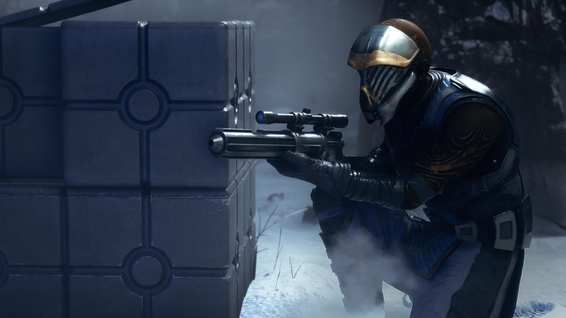 An Infinite Coil trooper firing a scoped rifle from behind a crate on a snowbound battlefield