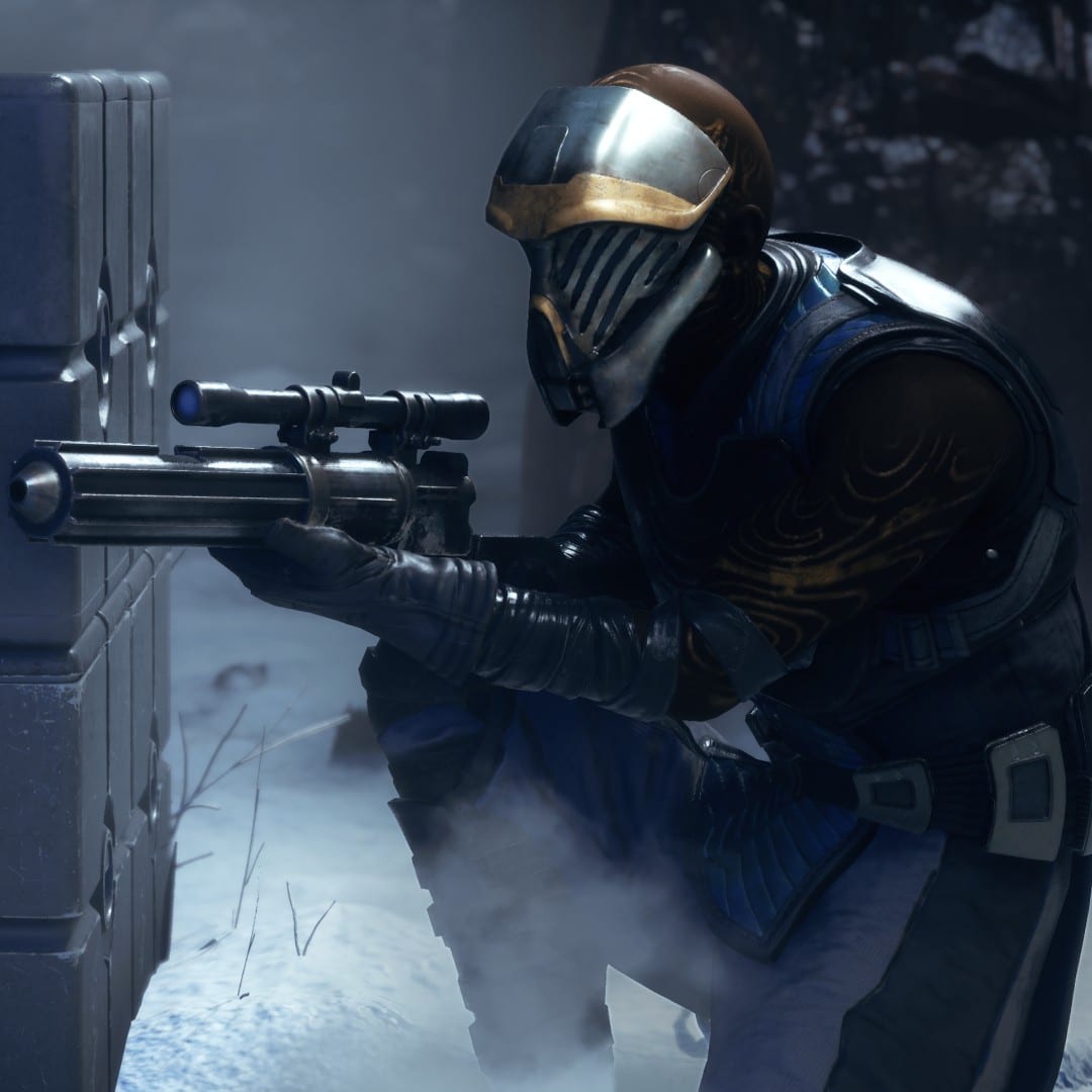 An Infinite Coil trooper in gold-marked armour taking aim from behind cover