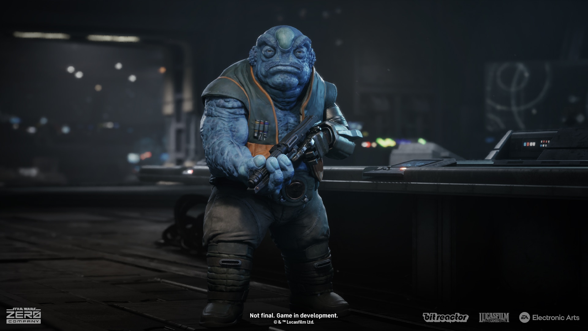 Kabb Uppercut, a blue-skinned Felshi with a cybernetic arm, holding a blaster