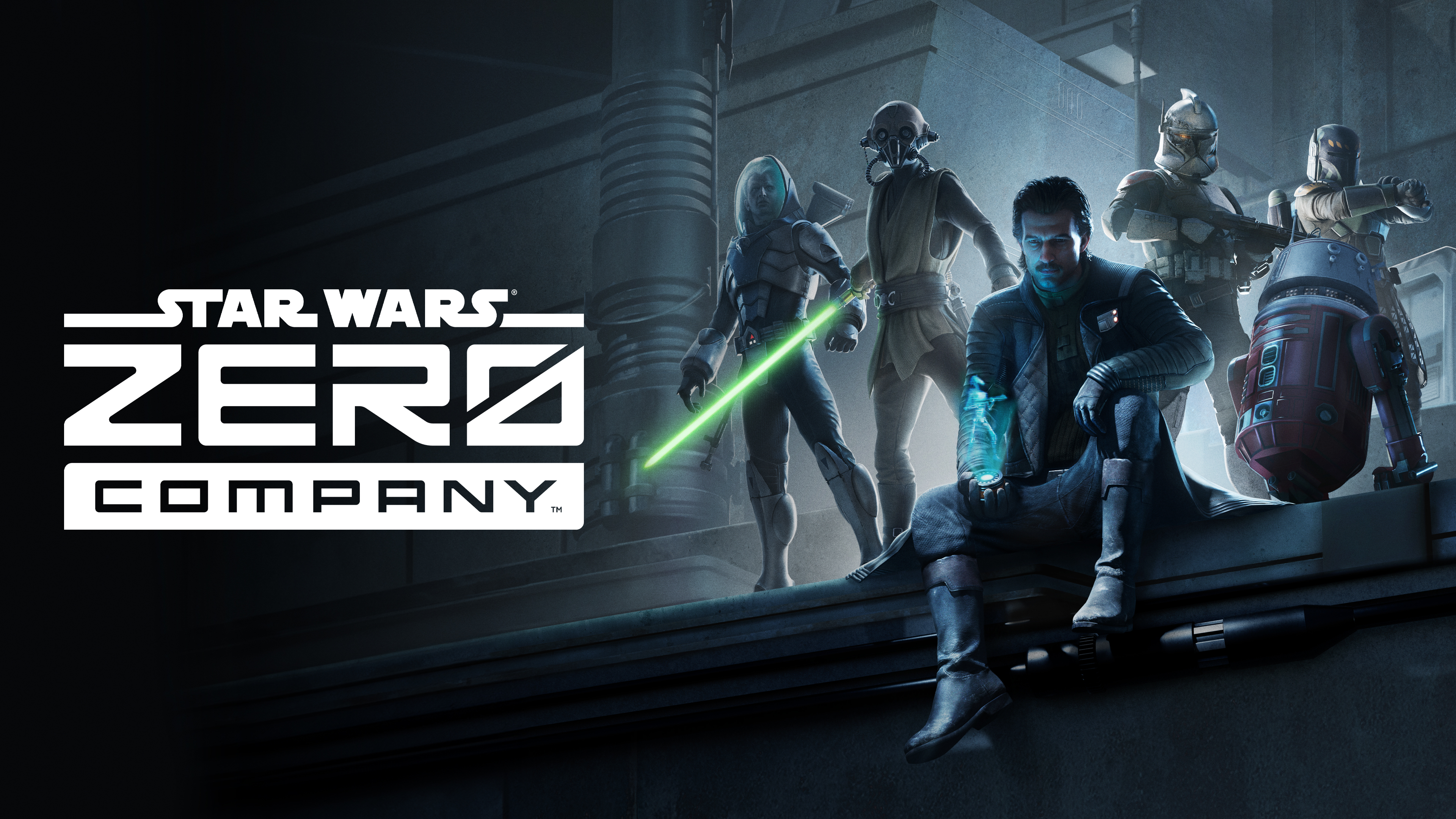 Star Wars Zero Company — official key art showing the squad with Hawks seated centre