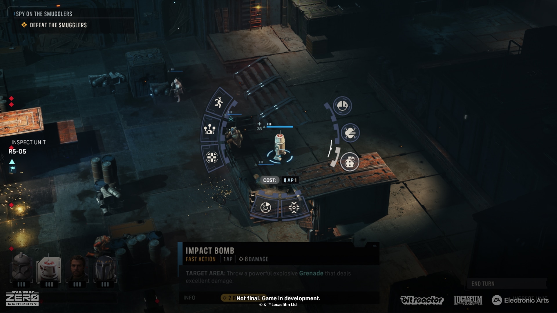 An R5-series astromech operator using the Impact Bomb ability, a 1 AP grenade throw dealing 8 damage