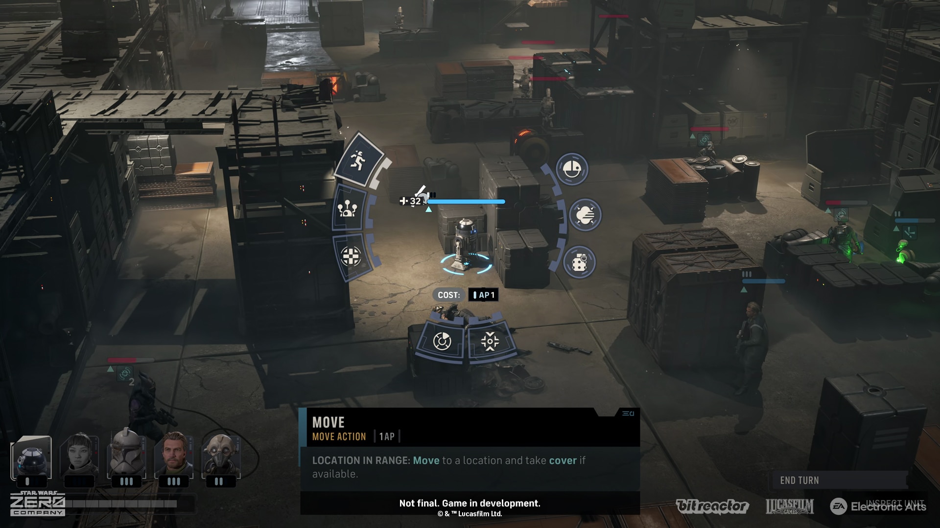 The combat action radial menu around an astromech droid, showing a Move action costing 1 AP