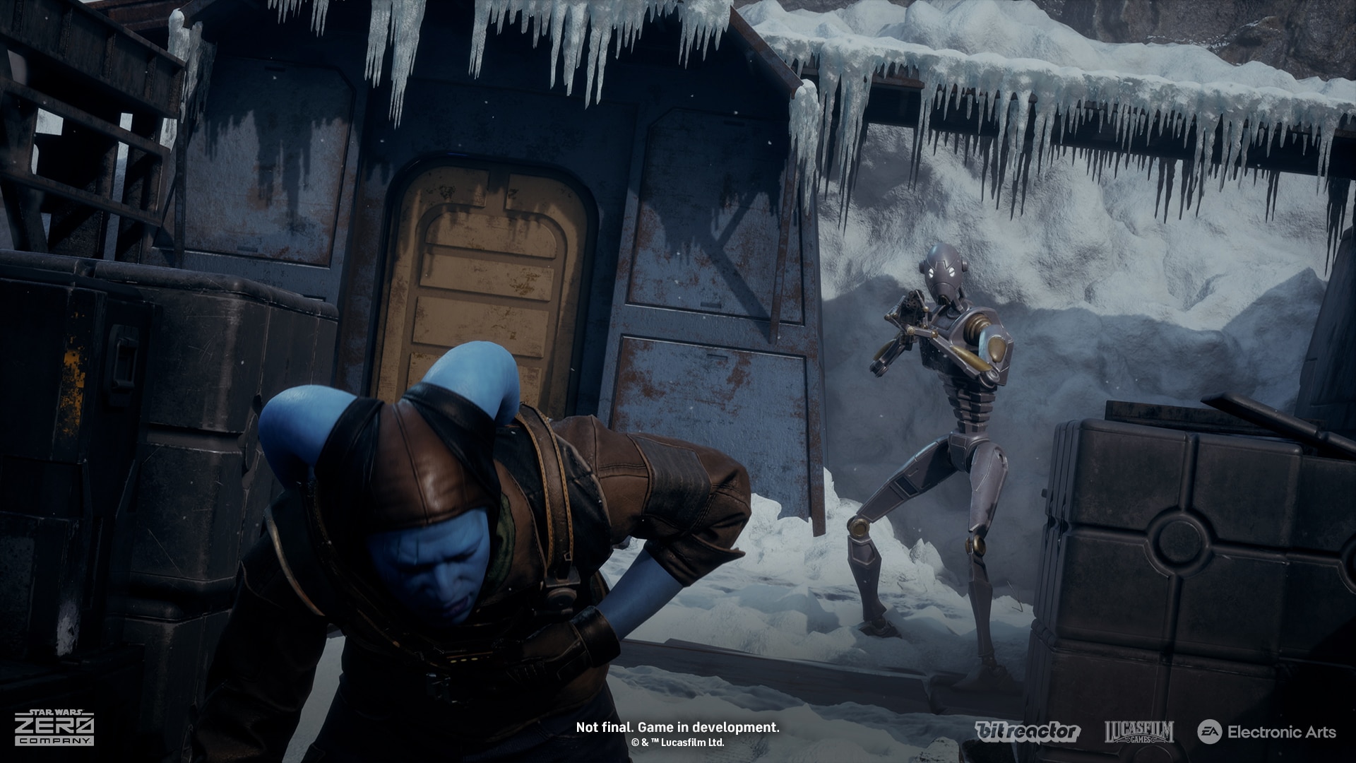 A wounded Twi'lek operator hunched over in the snow as an Infinite Coil droid closes in