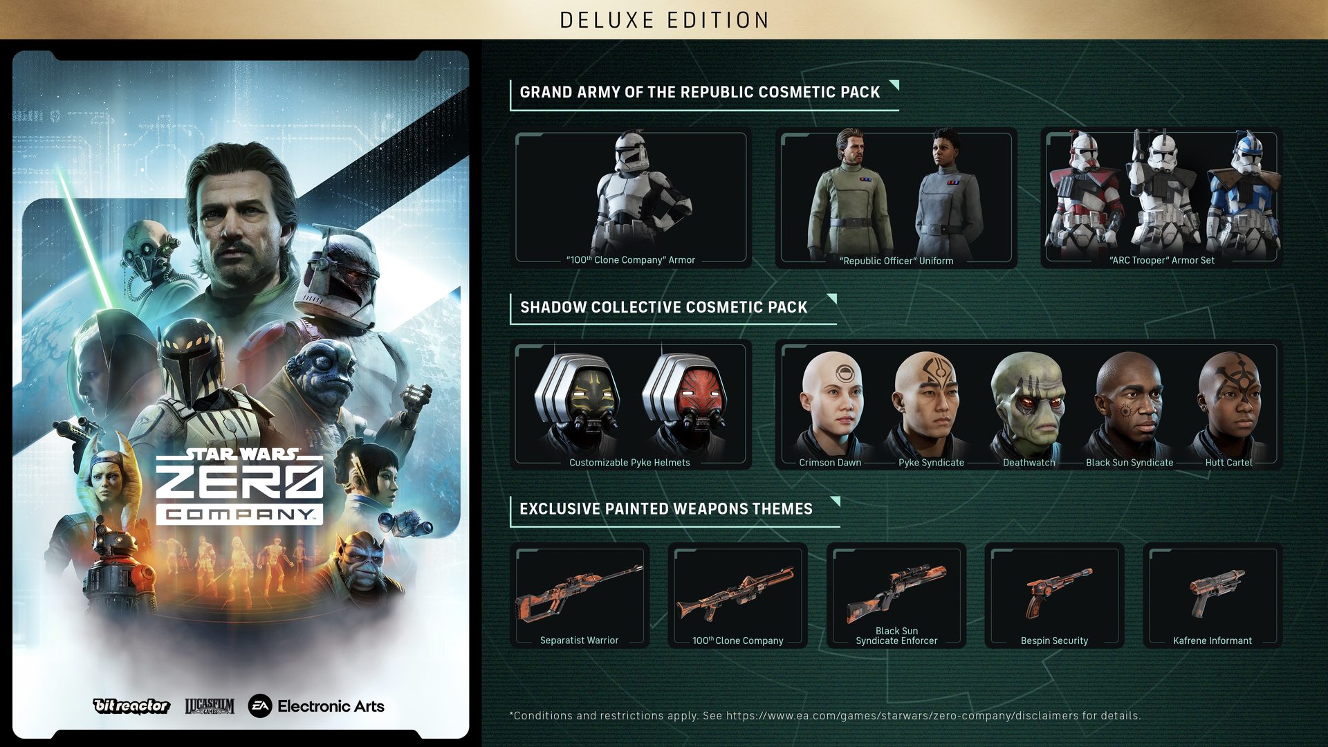 Deluxe Edition contents — the Grand Army of the Republic and Shadow Collective cosmetic packs and five painted weapon themes