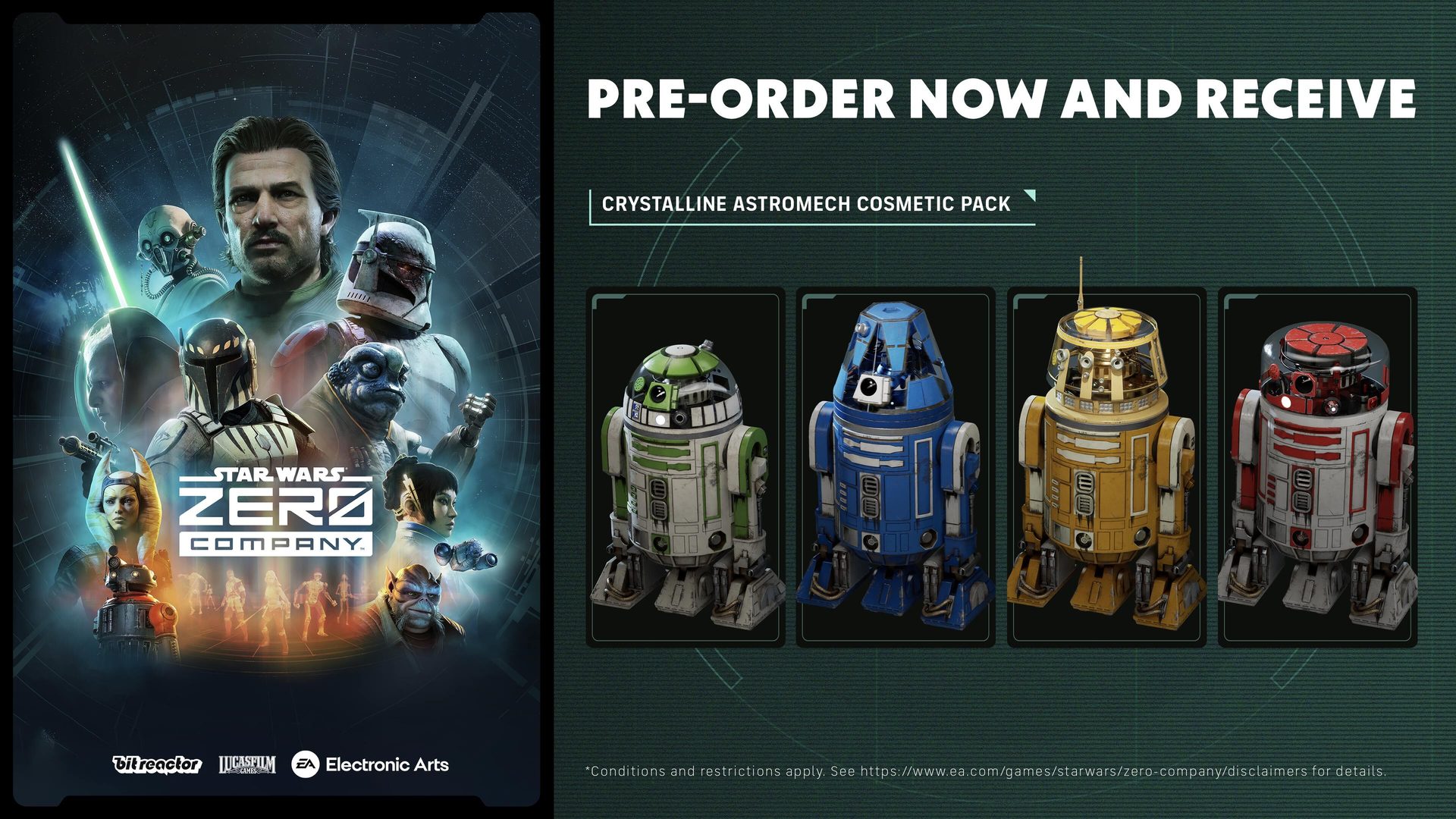 Pre-order bonus — the Crystalline Astromech Cosmetic Pack, showing four translucent astromech droid variants