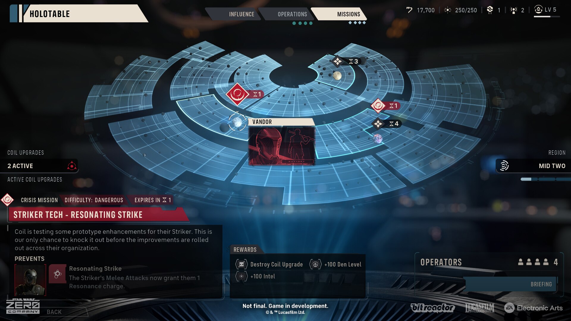 The HoloTable missions map showing a Crisis Mission on Vandor expiring in 1 Cycle