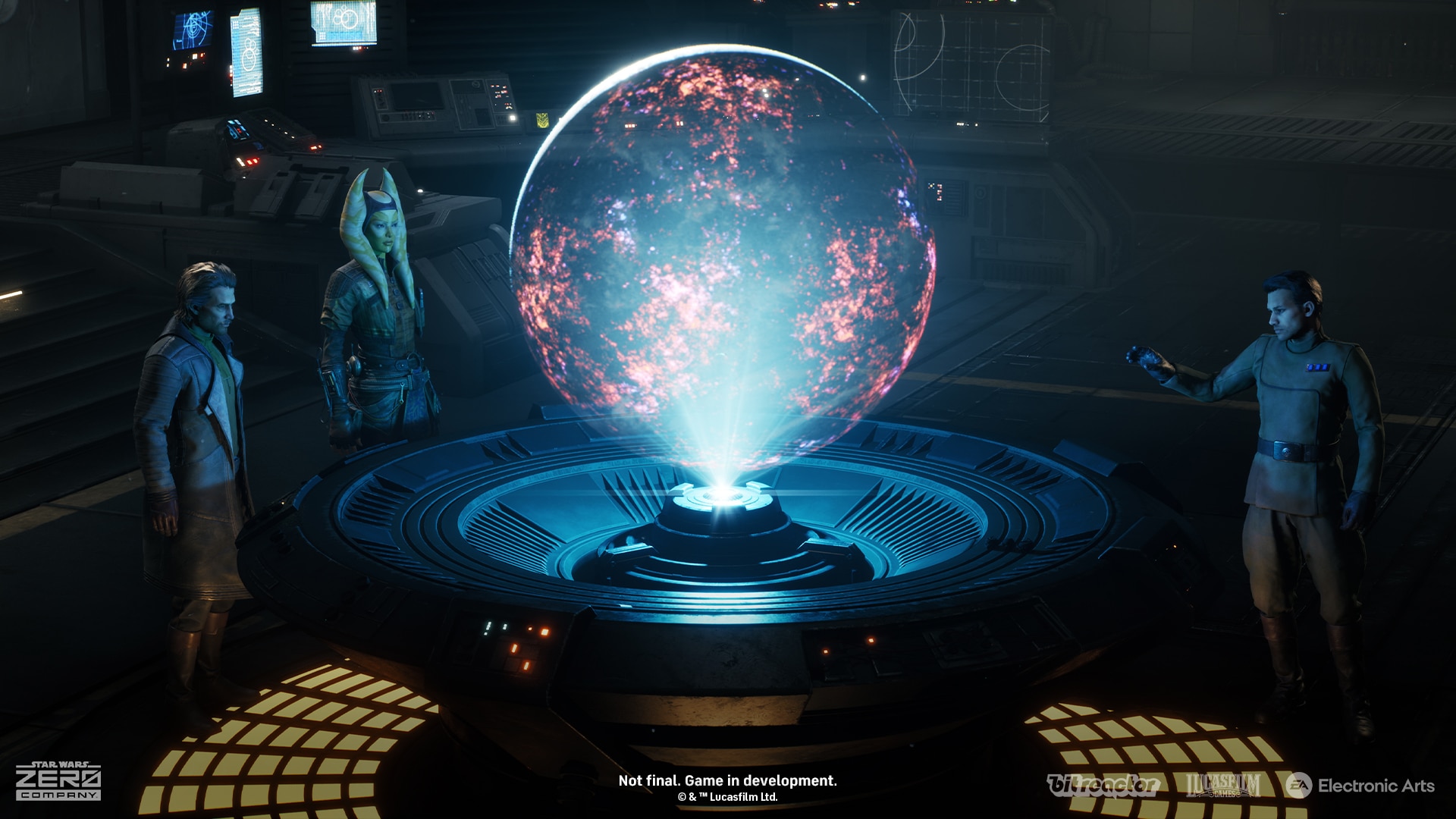 Hawks, Runa Blask, and Bennic gathered around a planet hologram at the Den's HoloTable