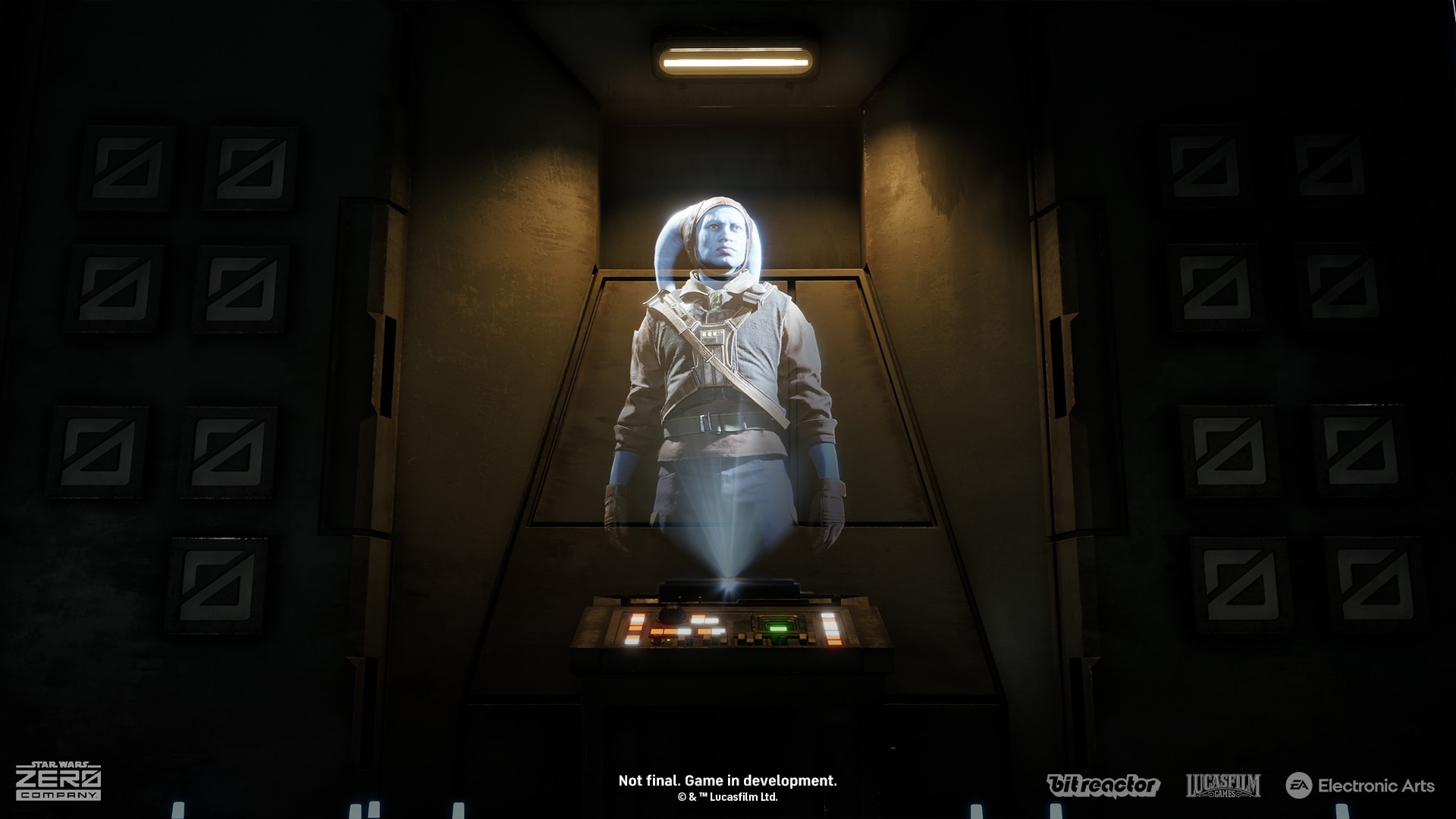 The Memorial in the Den — a hologram of a fallen Twi'lek operator above a control console