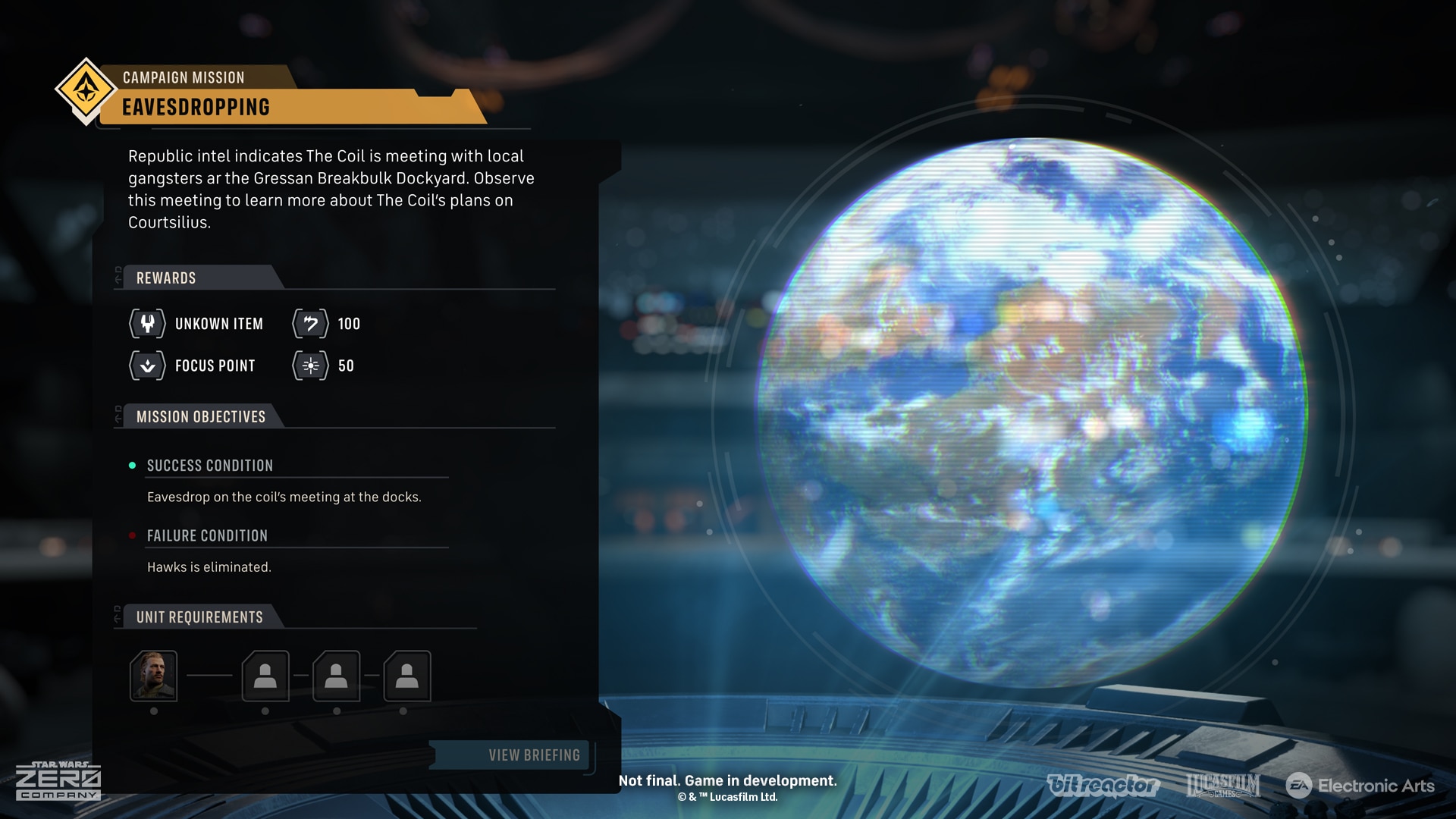 A Campaign Mission briefing, 'Eavesdropping', showing rewards, success and failure conditions, and unit requirements with Hawks pre-filled