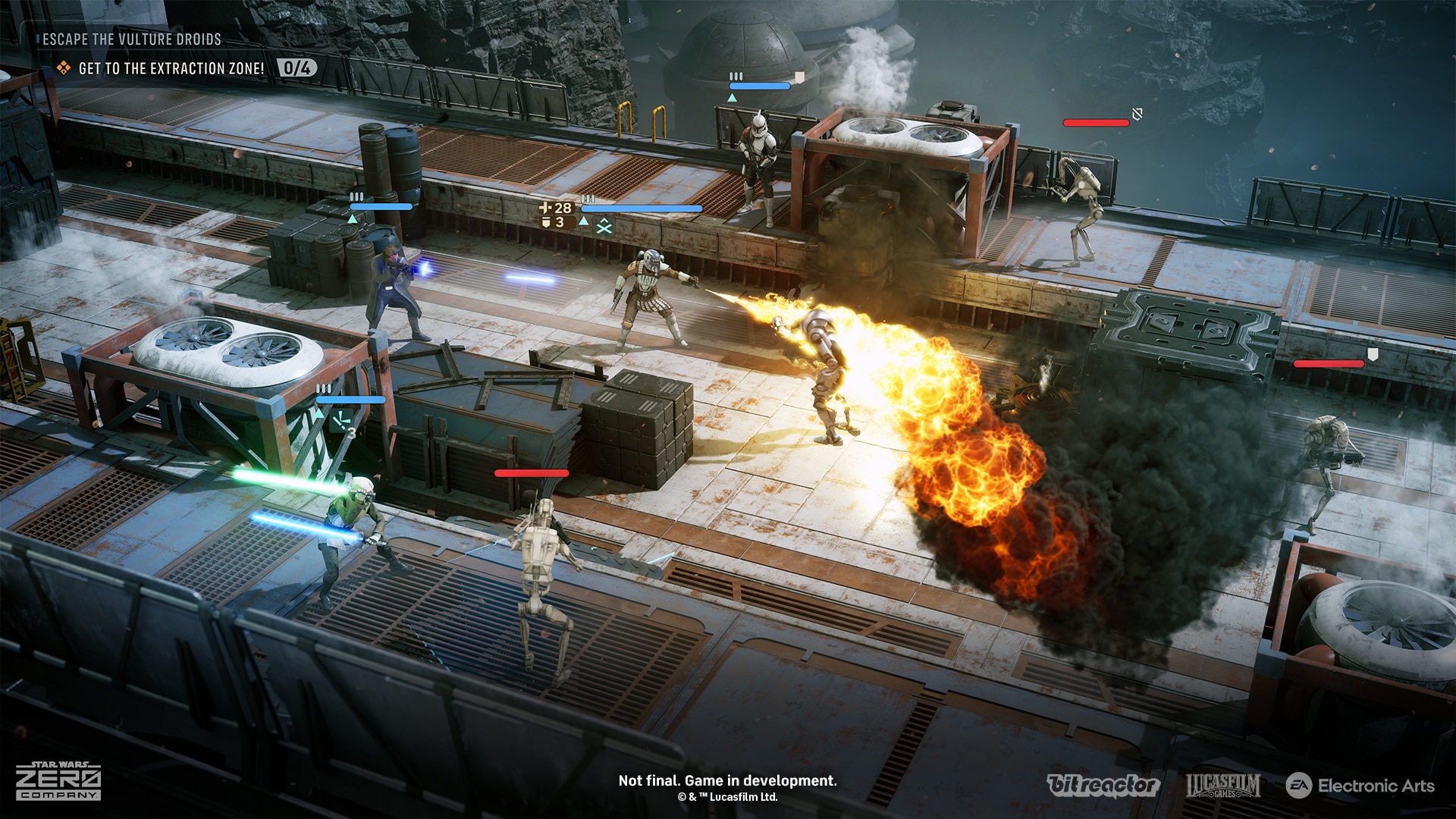 A squad fighting toward an extraction zone while escaping vulture droids