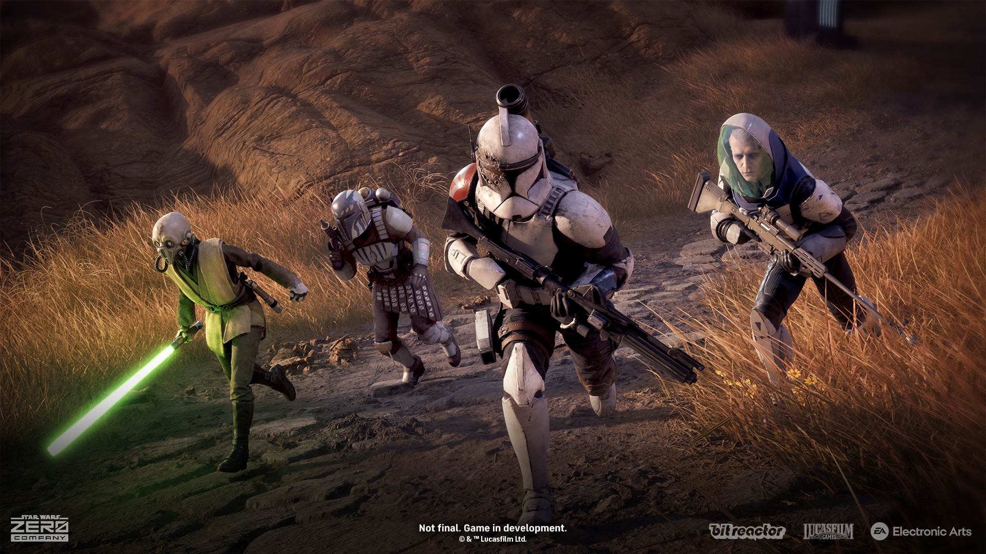 A Zero Company squad — Tel-Rea Vokoss, Cly Kullervo, Trick, and Luco Bronc — advancing through rocky terrain