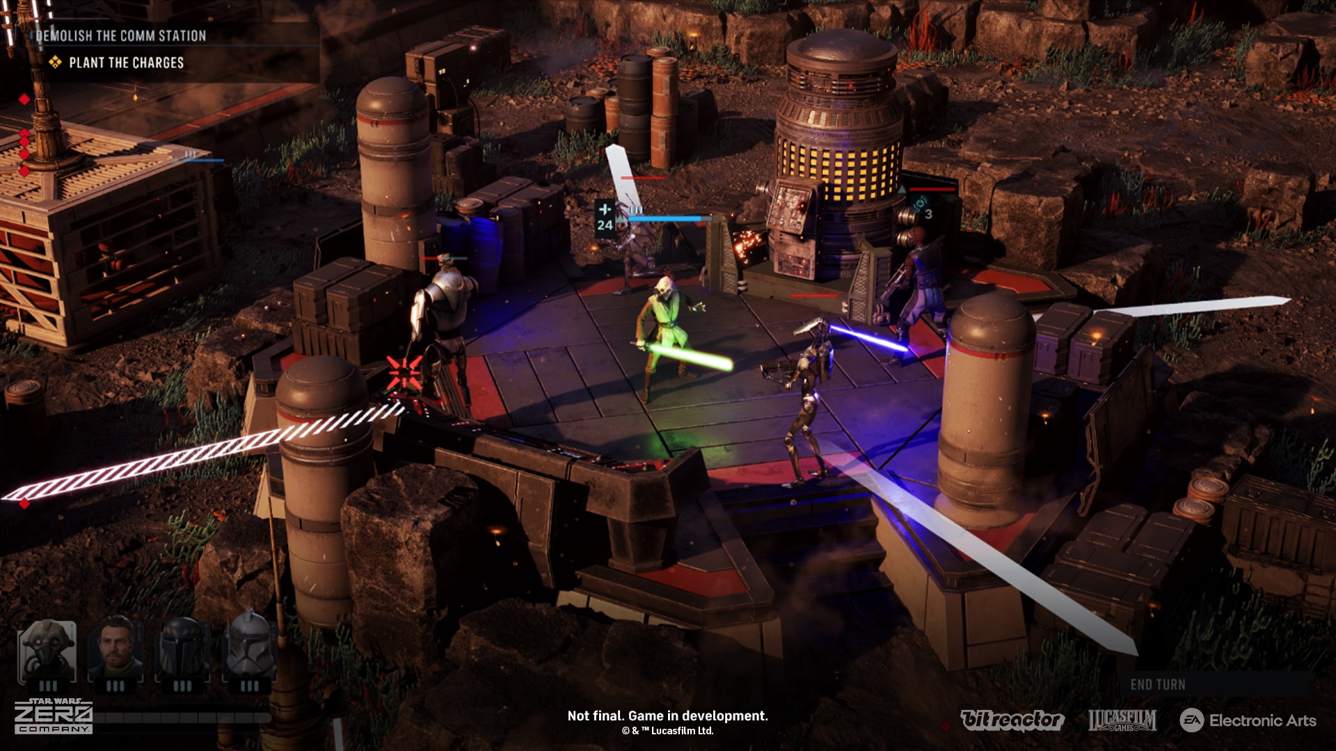 Tel-Rea Vokoss, lightsaber drawn, surrounded by MagnaGuards during a comm station demolition mission