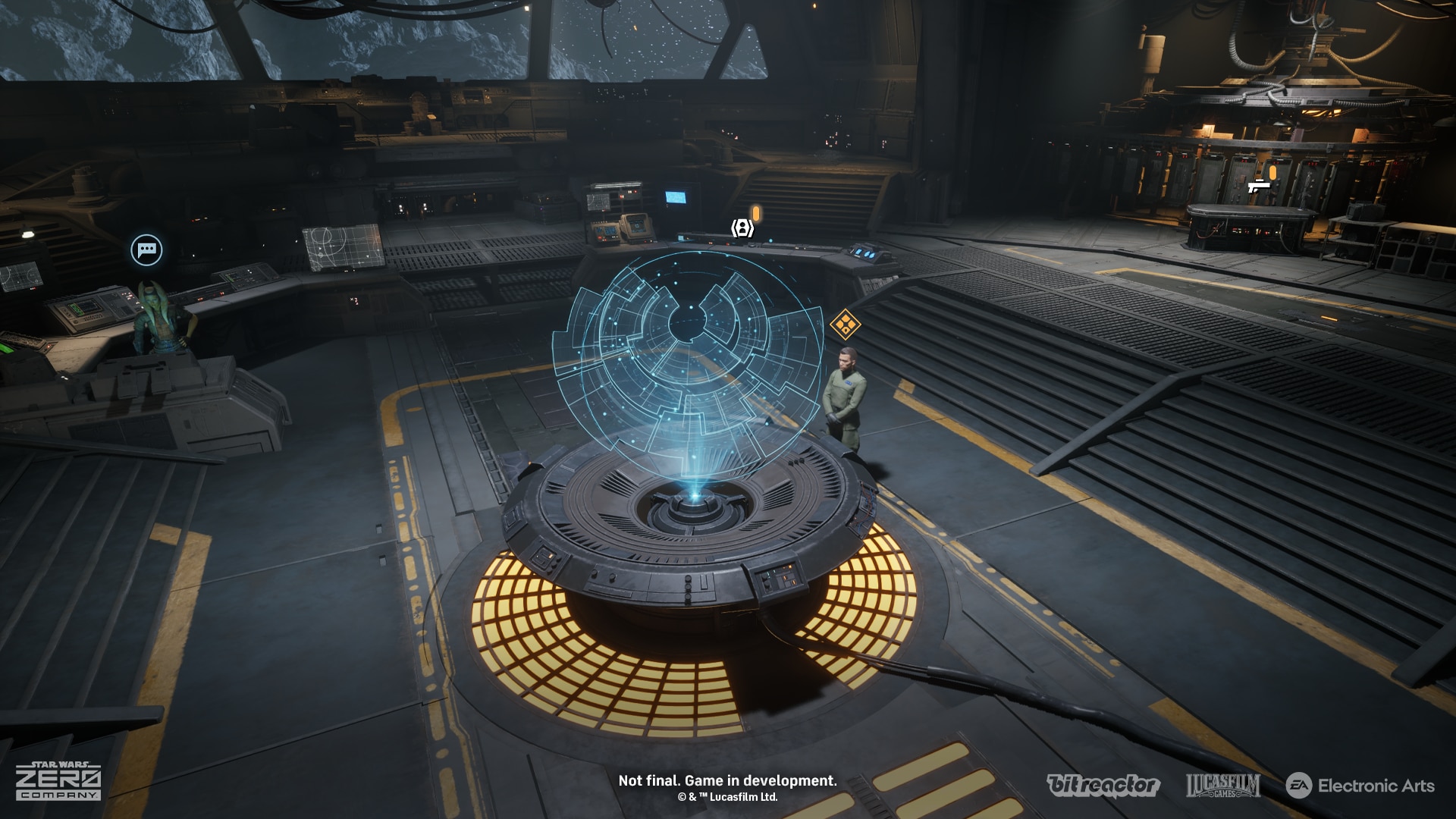 The command deck of the Den, with the HoloTable at its centre and facilities around the perimeter