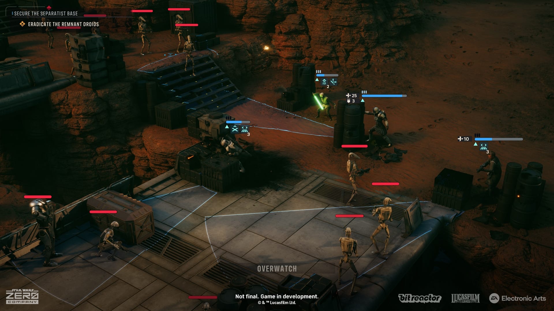 In-mission HUD showing the primary objective 'Secure the Separatist Base' with sub-objective 'Eradicate the Remnant Droids', as the squad sets Overwatch against battle droids