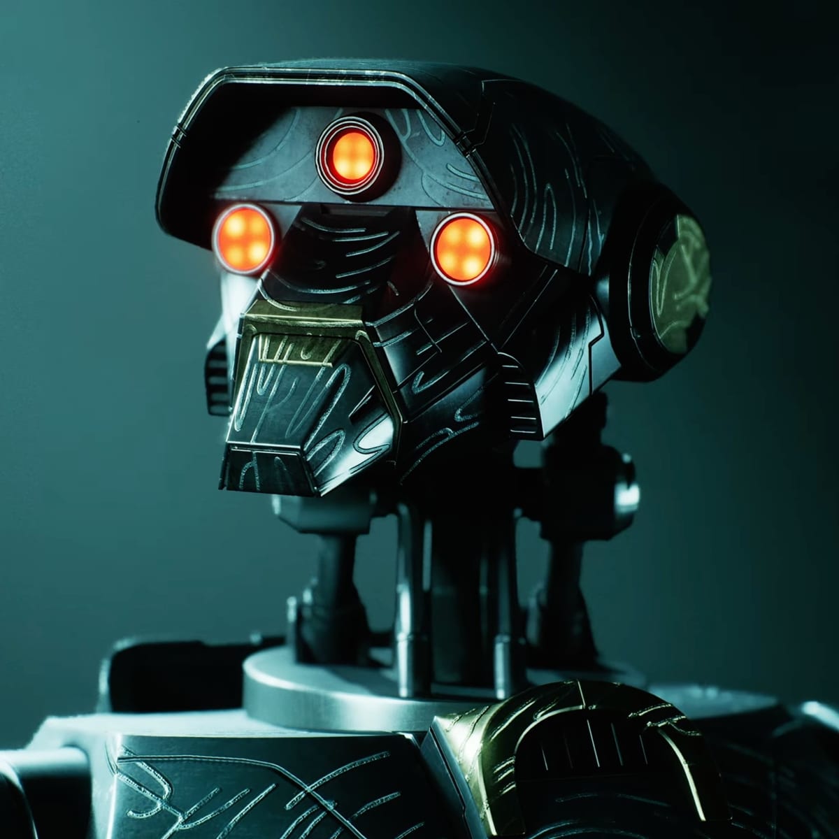 Typhon, a super tactical droid with three glowing red photoreceptors